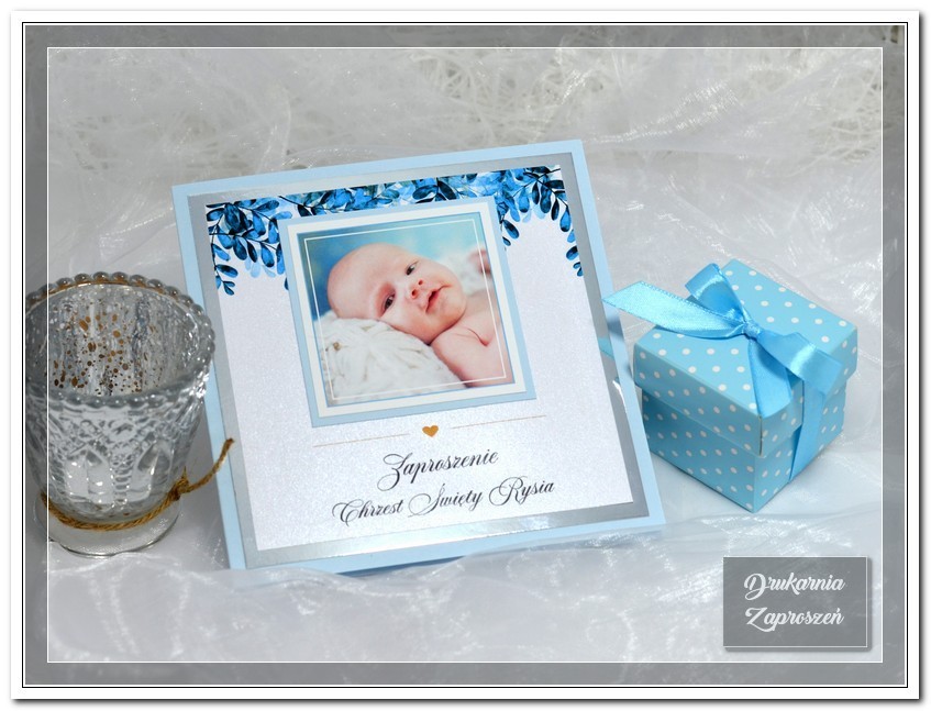 zaproszenia na chrzest personalizowane ze zdjęciem premium silver