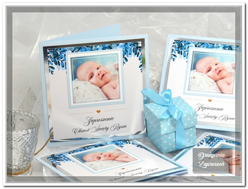 zaproszenia na chrzest personalizowane ze zdjęciem premium silver