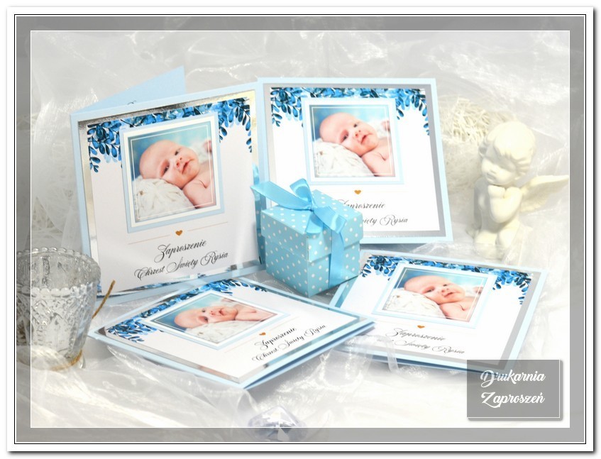 zaproszenia na chrzest personalizowane ze zdjęciem premium silver