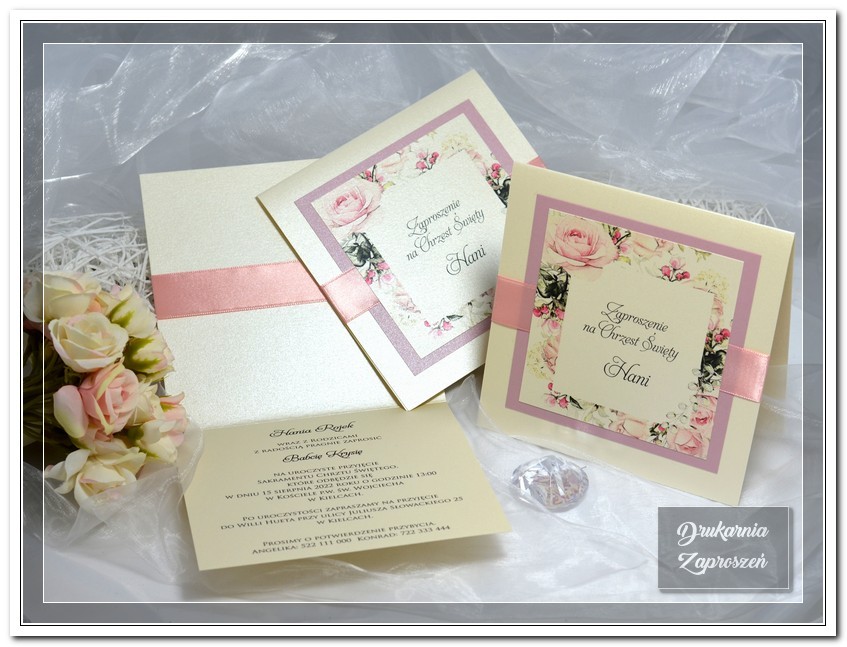 zaproszenia na chrzest personalizowane kwiatowe Prestige Pink