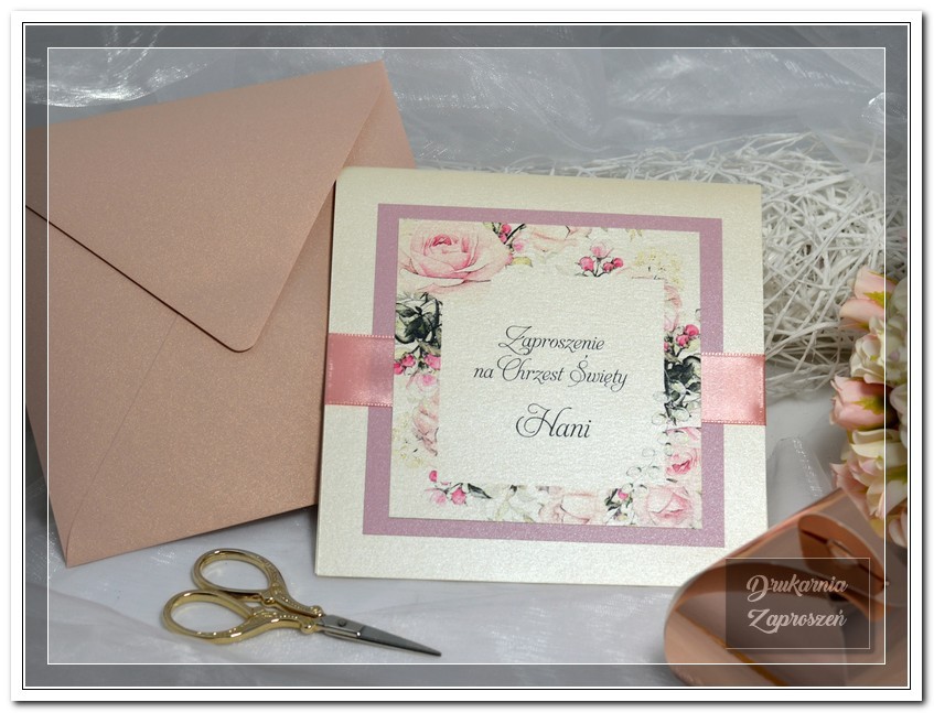 zaproszenia na chrzest personalizowane kwiatowe Prestige Pink
