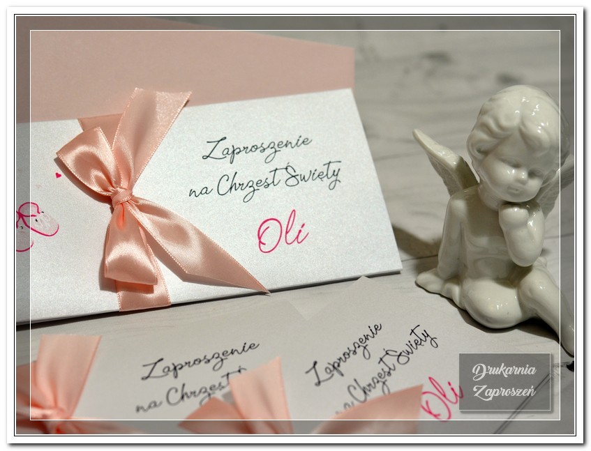 zaproszenia na chrzest święty satin pink różowe buciki