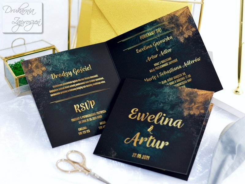 zaproszenie ślubne BOSKI SZMARAGD zielono-złote złocone eleganckie glamour Drukarnia Zaproszeń