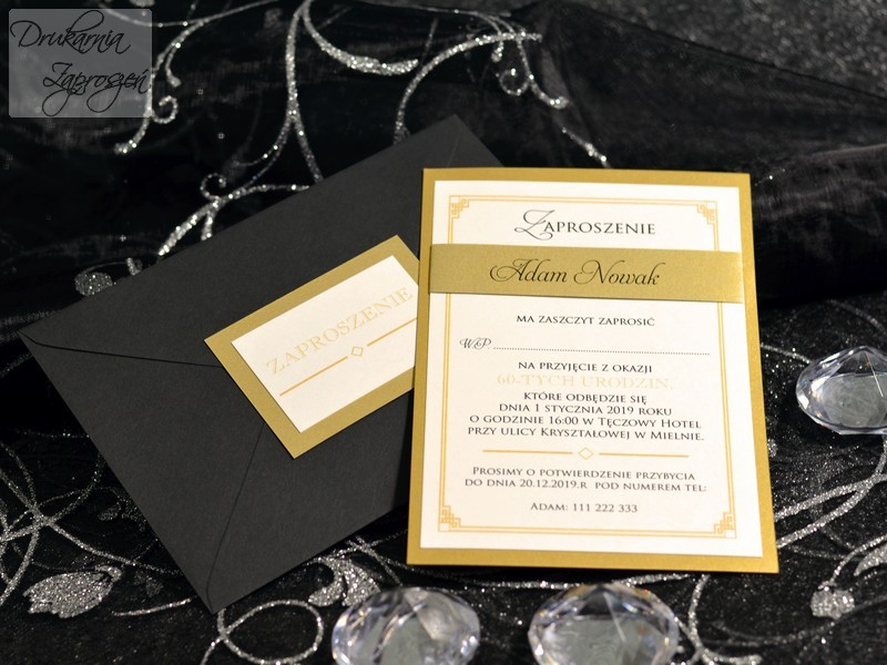 zaproszenia na urodziny dla dorosłych czarno-złote CALIPSO GOLD personalizowane Drukarnia Zaproszeń