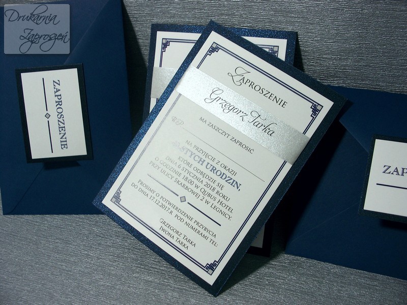 zaproszenia na urodziny dla dorosłych granatowe niebieskie CALIPSO BLUE personalizowane Drukarnia Zaproszeń
