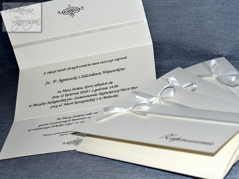 zaproszenia na osiemnastkę CLASSIC perłowe ze wstążką personalizowane Drukarnia Zaproszeń