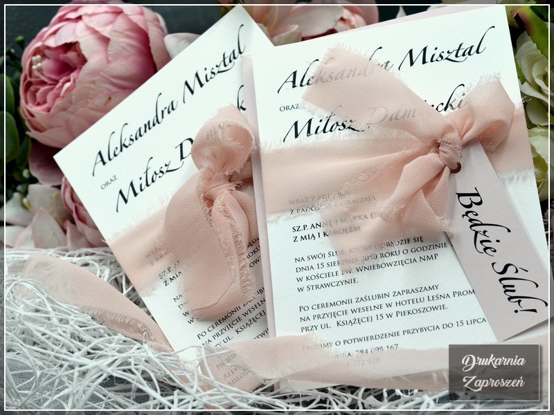 zaproszenia ślubne jednokartkowe MISTY BASIC personalizowane z szarpaną szyfonową wstążką