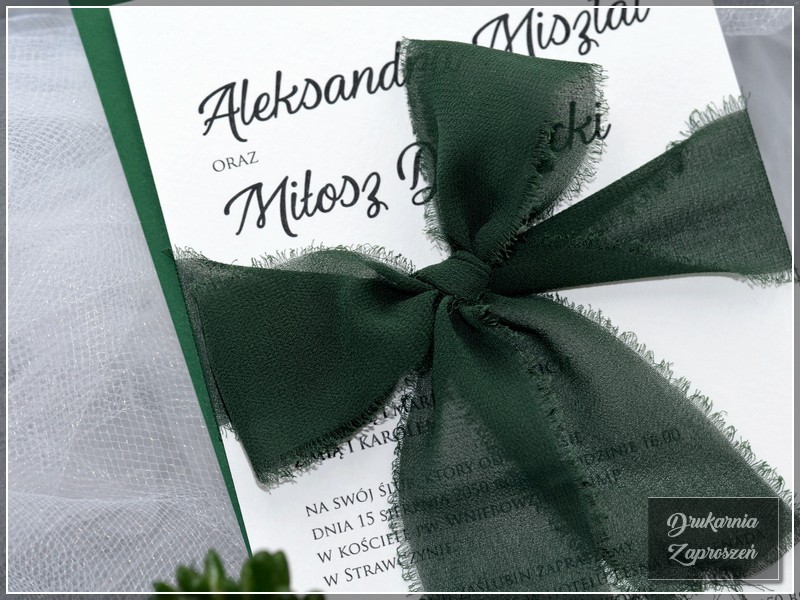zaproszenia ślubne jednokartkowe MISTY BASIC personalizowane z szarpaną szyfonową wstążką