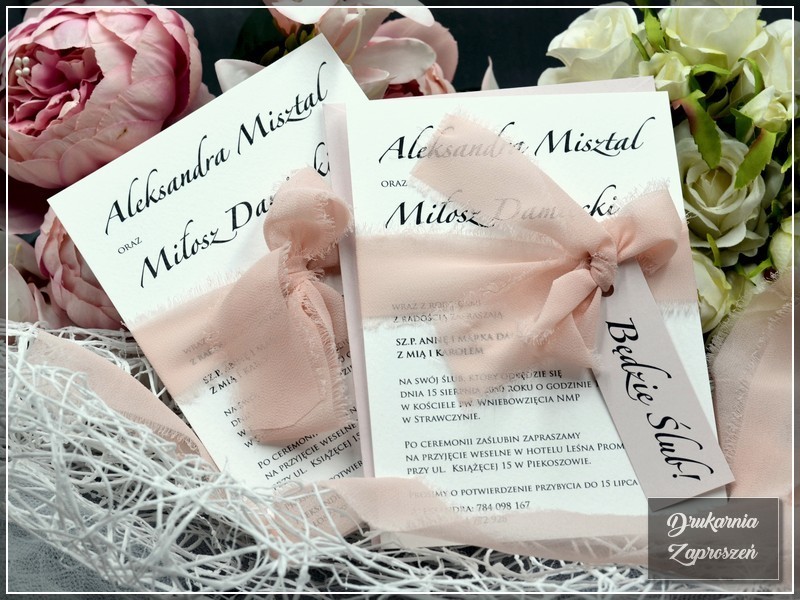 zaproszenia ślubne jednokartkowe MISTY BASIC personalizowane z szarpaną szyfonową wstążką