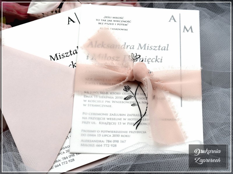zaproszenia ślubne personalizowane jednokartkowe z kalką i szarpaną wstążką MISTY