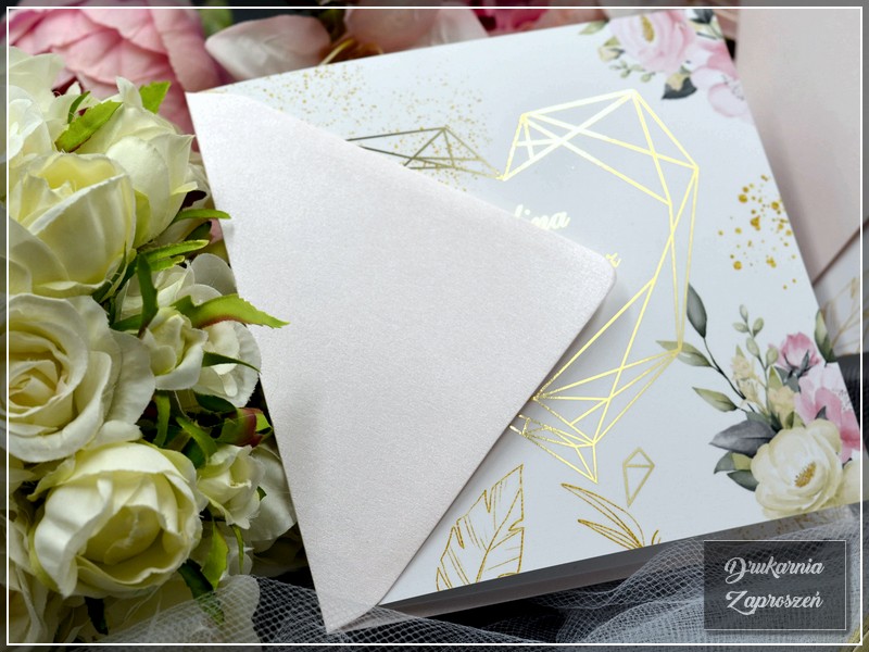 zaproszenia ślubne jednokartkowe MIRAGE GOLD personalizowane ZŁOCONE z geometrycznym sercem