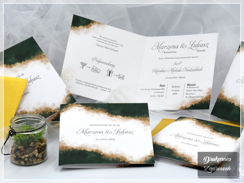 Zaproszenie ślubne EMERALD GOLD w odcieniach złota, bieli i zieleni, rozkładane, kwadratowe K4, aksamitne w dotyku Drukarnia Zaproszeń