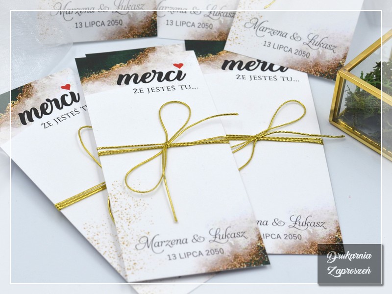 Podziękowania dla gości - podkładki Merci EMERALD GOLD