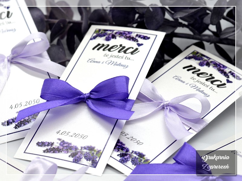 Podziękowania dla gości - podkładki Merci LAVENDER