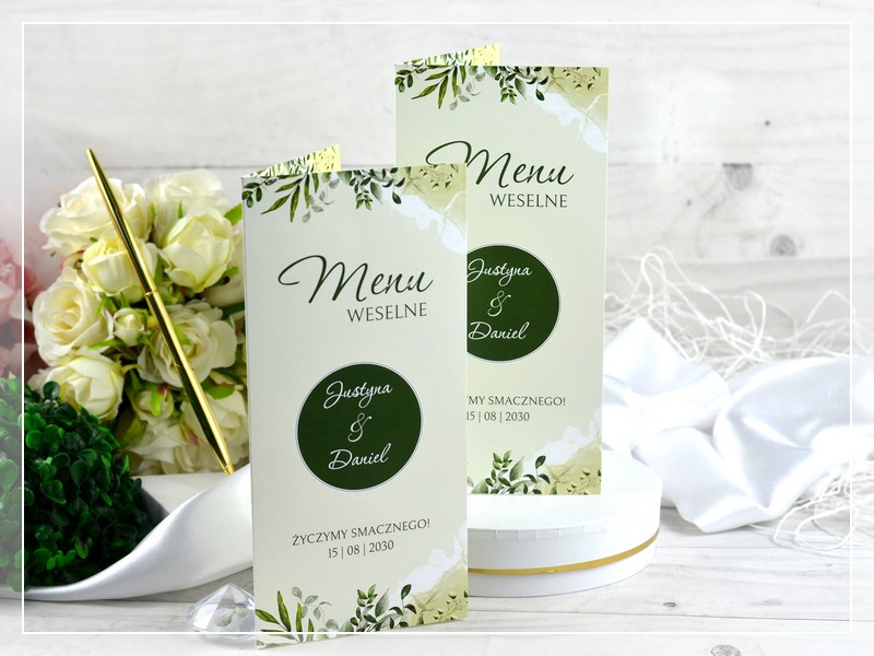 Menu weselne Botanical w stylu greenery