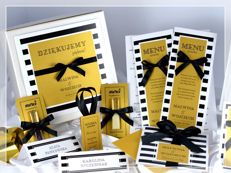Podziękowanie Merci BLACK & GOLD w stylu GLAMOUR czarno-złote z kokardą DRUKARNIA ZAPROSZEŃ. Podziękowanie dla gości weselnych