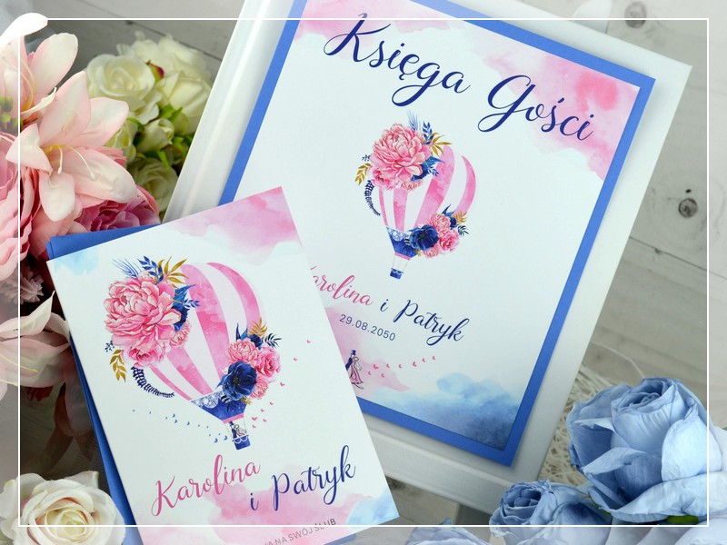 Księga gości BALONOVE LOVE z motywem Pary Młodej w balonie - Drukarnia Zaproszeń