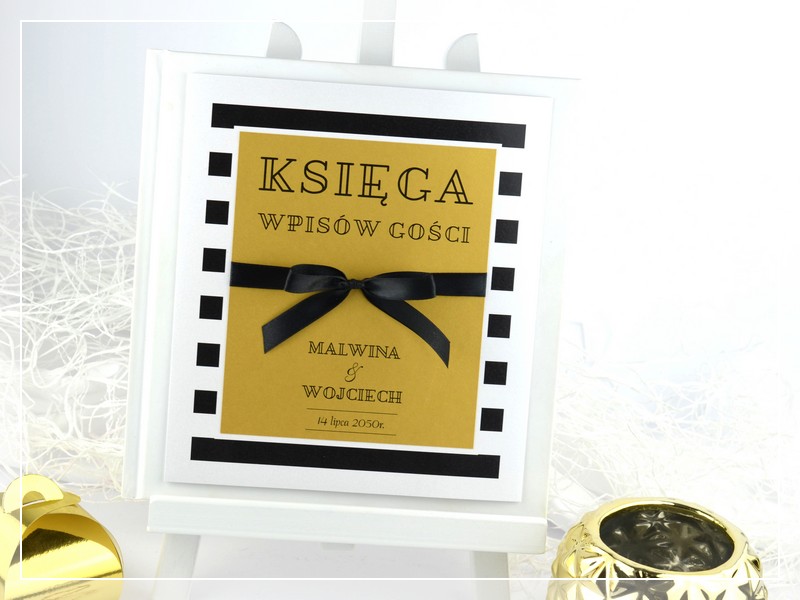 Księga gości BLACK & GOLD w stylu GLAMOUR czarno-złota z kokardą DRUKARNIA ZAPROSZEŃ