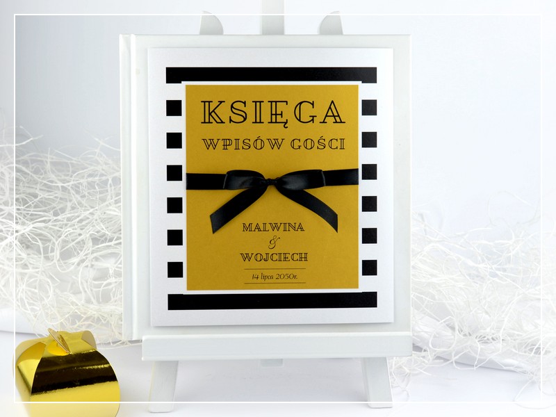 Księga gości BLACK & GOLD w stylu GLAMOUR czarno-złota z kokardą DRUKARNIA ZAPROSZEŃ