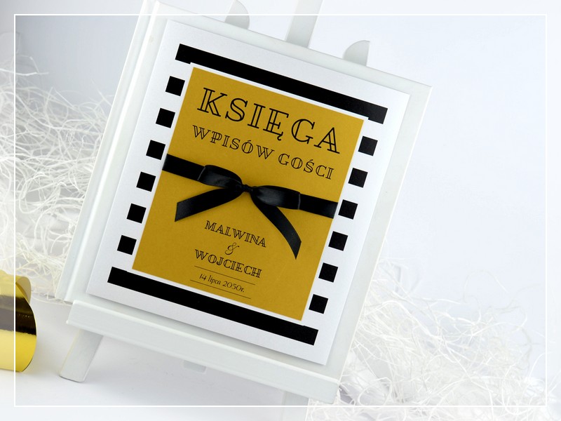 Księga gości BLACK & GOLD w stylu GLAMOUR czarno-złota z kokardą DRUKARNIA ZAPROSZEŃ