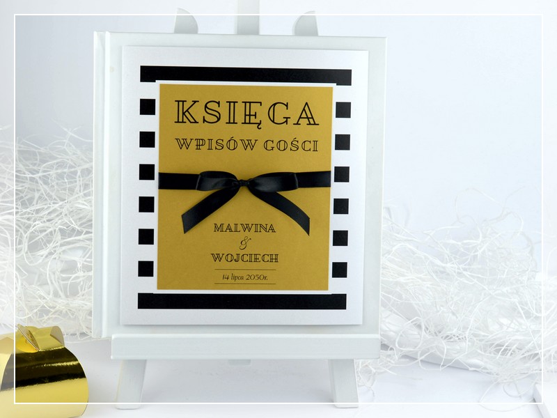 Księga gości BLACK & GOLD w stylu GLAMOUR czarno-złota z kokardą DRUKARNIA ZAPROSZEŃ