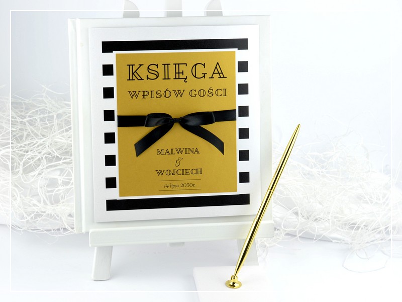 Księga gości BLACK & GOLD w stylu GLAMOUR czarno-złota z kokardą DRUKARNIA ZAPROSZEŃ