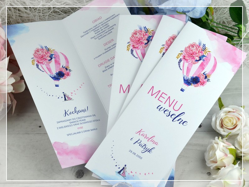 Menu weselne BALONOVE LOVE z motywem Pary Młodej w balonie - Drukarnia Zaproszeń
