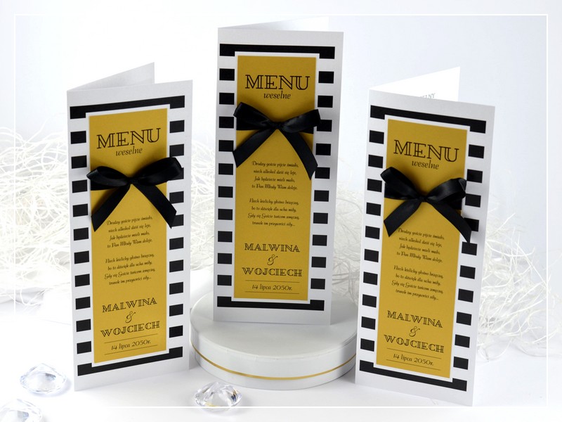 Menu weselne BLACK & GOLD w stylu GLAMOUR czarno-złotea z kokardą DRUKARNIA ZAPROSZEŃ