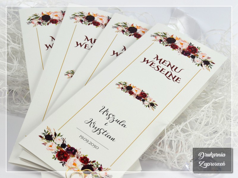 Menu weselne BORDO KWIAT z grafiką kwiatową - DRUKARNIA ZAPROSZEŃ