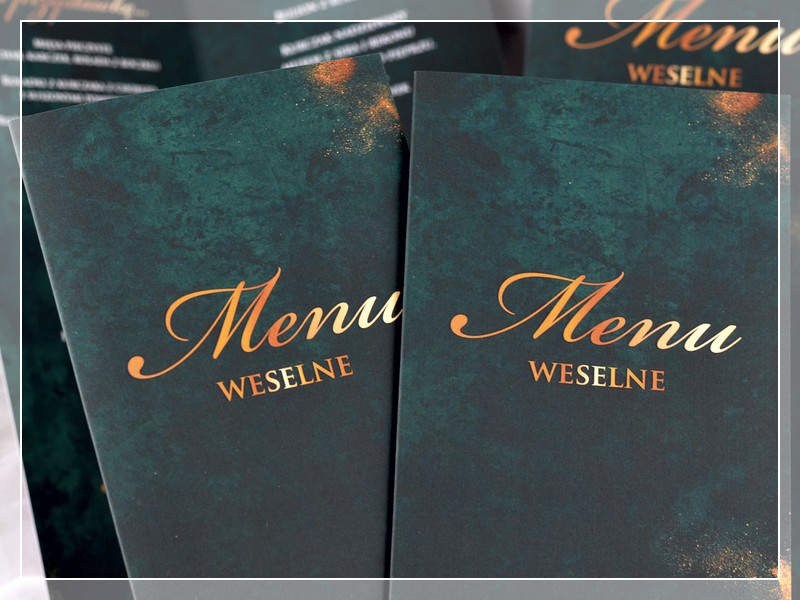 Menu BOSKI SZMARAGD w odcieniach butelkowej zieleni i złota - DRUKARNIA ZAPROSZEŃ