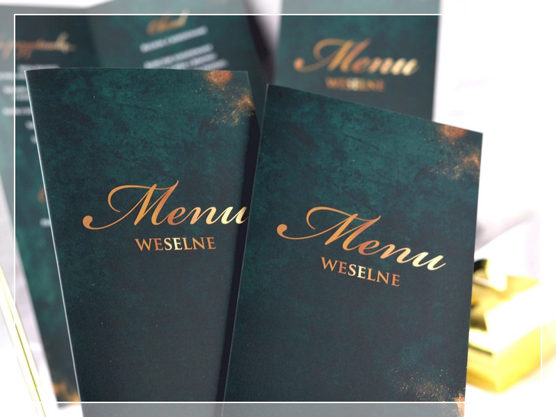 Menu BOSKI SZMARAGD w odcieniach butelkowej zieleni i złota - DRUKARNIA ZAPROSZEŃ