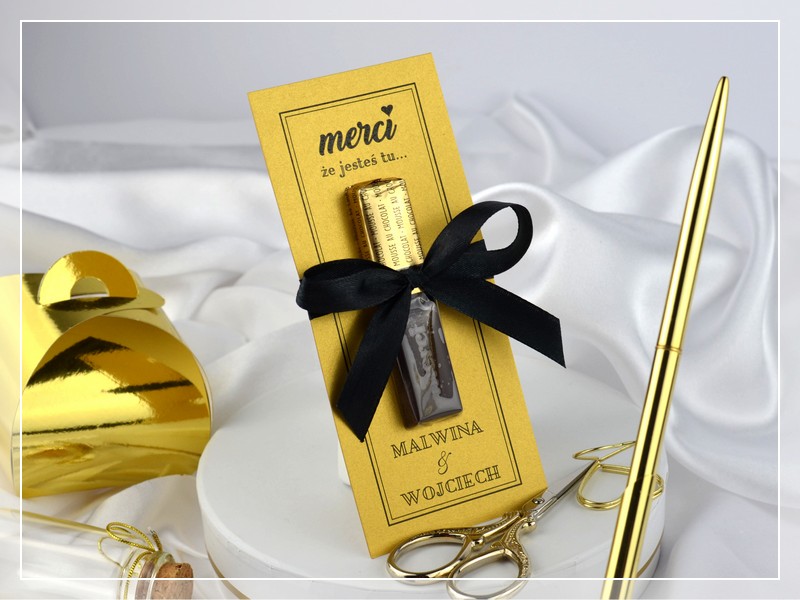 Podziękowanie Merci BLACK & GOLD w stylu GLAMOUR czarno-złote z kokardą DRUKARNIA ZAPROSZEŃ. Podziękowanie dla gości weselnych