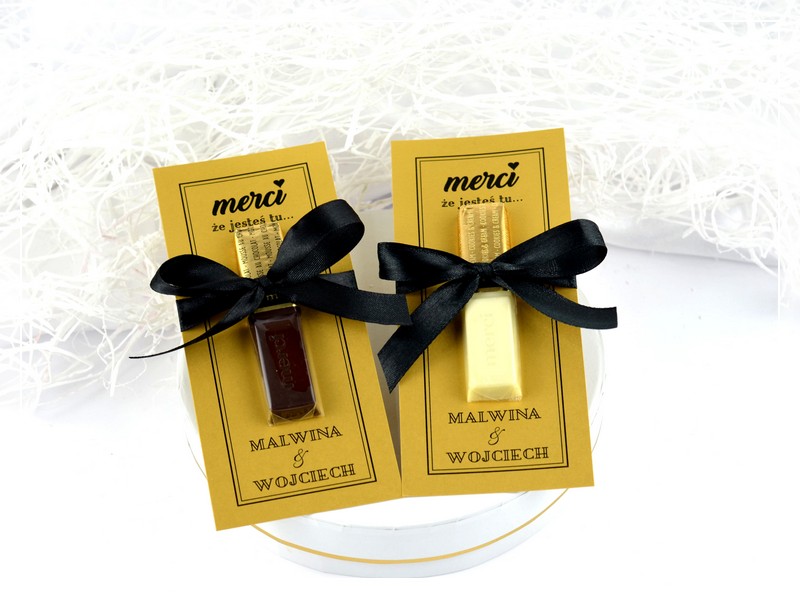Podziękowanie Merci BLACK & GOLD w stylu GLAMOUR czarno-złote z kokardą DRUKARNIA ZAPROSZEŃ. Podziękowanie dla gości weselnych