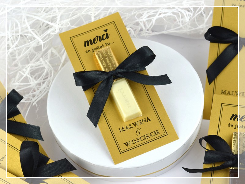Podziękowanie Merci BLACK & GOLD w stylu GLAMOUR czarno-złote z kokardą DRUKARNIA ZAPROSZEŃ. Podziękowanie dla gości weselnych