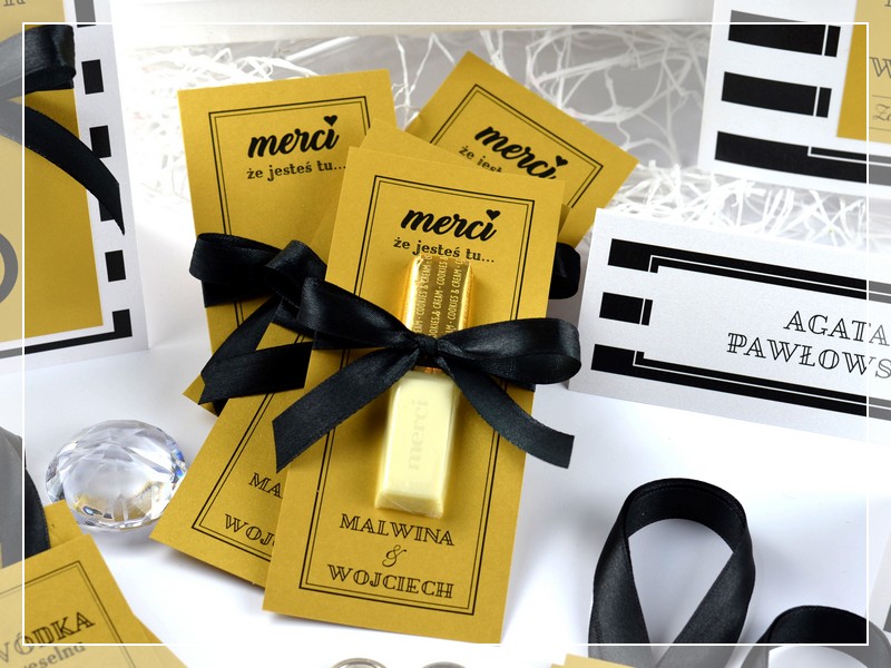 Podziękowanie Merci BLACK & GOLD w stylu GLAMOUR czarno-złote z kokardą DRUKARNIA ZAPROSZEŃ. Podziękowanie dla gości weselnych