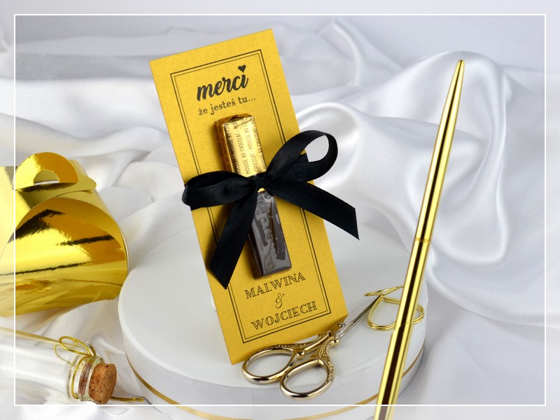 Podziękowanie Merci BLACK & GOLD w stylu GLAMOUR czarno-złote z kokardą DRUKARNIA ZAPROSZEŃ. Podziękowanie dla gości weselnych