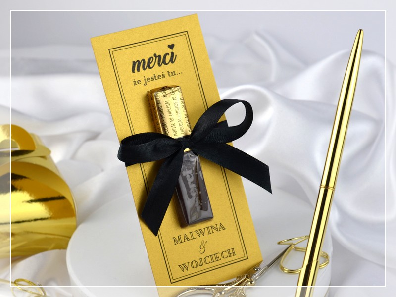 Podziękowanie Merci BLACK & GOLD w stylu GLAMOUR czarno-złote z kokardą DRUKARNIA ZAPROSZEŃ. Podziękowanie dla gości weselnych