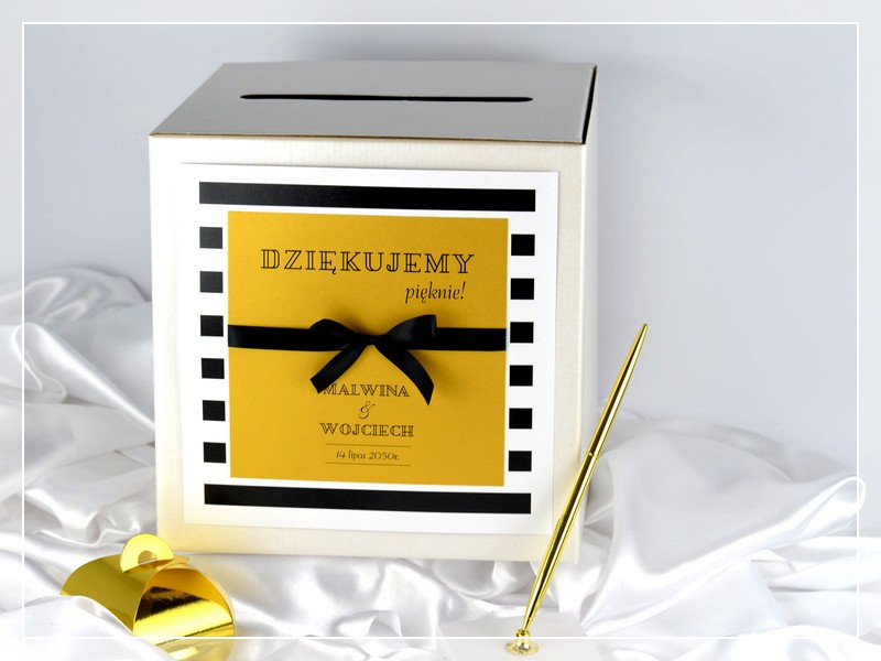 PUDEŁKO NA KOPERTY BLACK & GOLD w stylu GLAMOUR czarno-złota z kokardą DRUKARNIA ZAPROSZEŃ