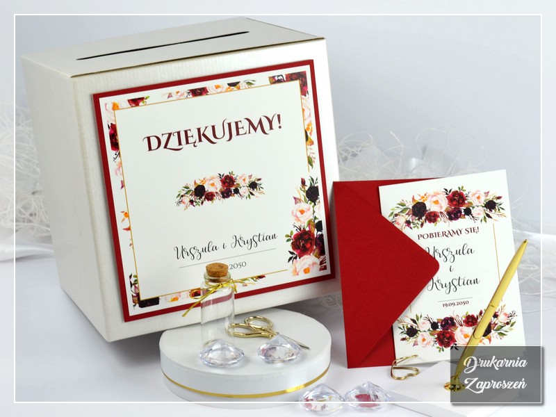 PUDEŁKO NA KOPERTY BORDO KWIAT z grafiką kwiatową - DRUKARNIA ZAPROSZEŃ