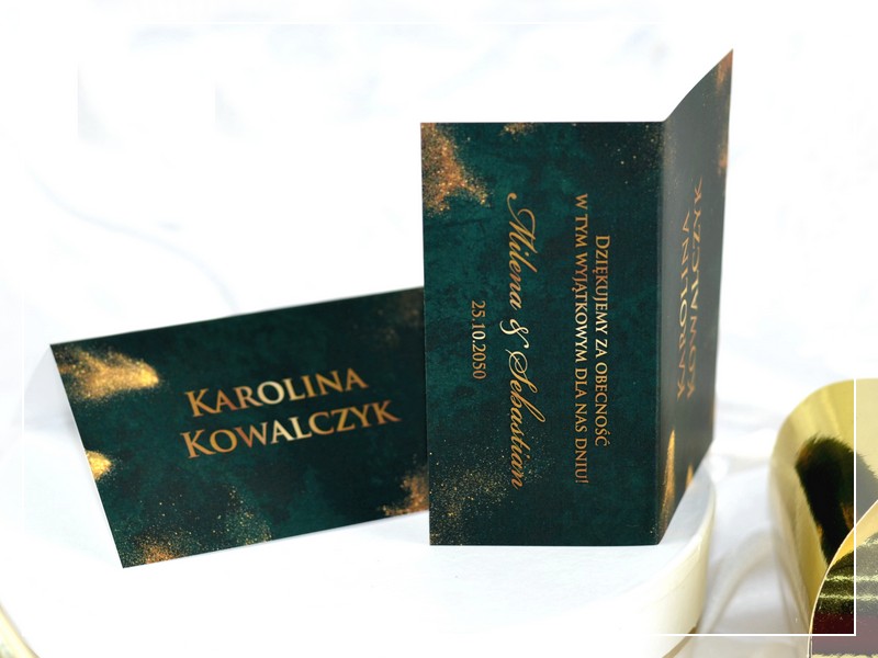 Winietki BOSKI SZMARAGD w odcieniach butelkowej zieleni i złota - DRUKARNIA ZAPROSZEŃ