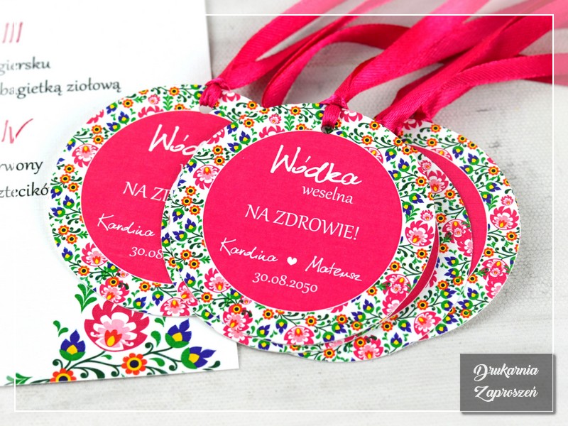 Zawieszki na alkohol FOLK 4 - zawieszki na wódkę weselną ludowe, folkowe, rustykalne - DRUKARNIA ZAPROSZEŃ