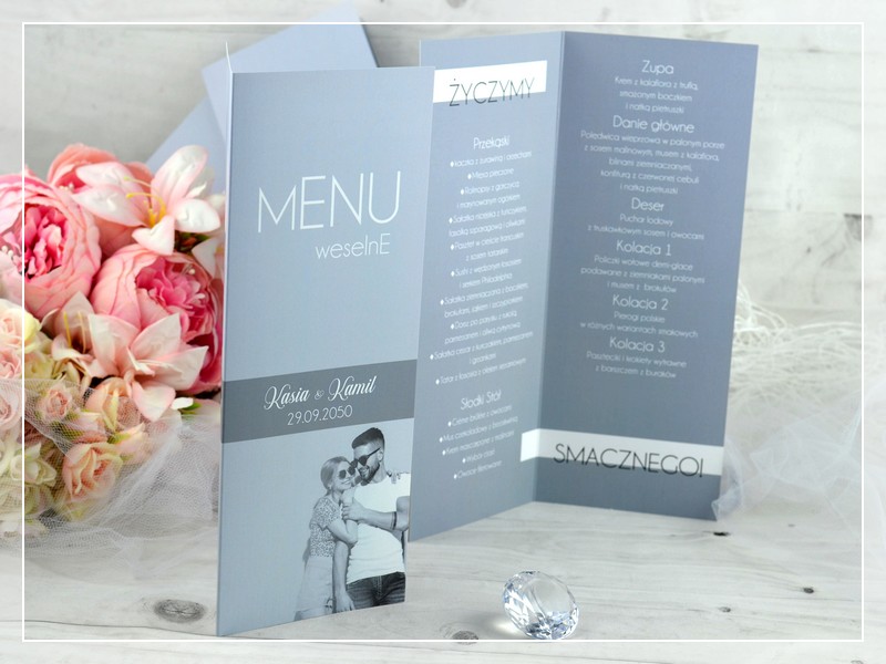 Menu weselne FOTO 2 - nowoczesne menu na koperty z możliwością dodania zdjęcia młodej pary, DRUKARNIA ZAPROSZEŃ