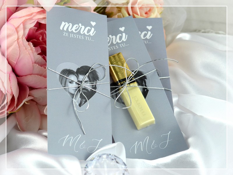 Podziękowanie Merci FOTO 3 - nowoczesne podziękowania dla gości weselnych - podkładki pod czekoladki Merci z możliwością dodania zdjęcia młodej pary, DRUKARNIA ZAPROSZEŃ