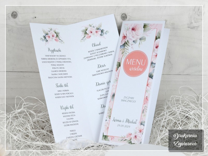 Menu weselne HISTORIA MIŁOŚCI - romantyczne kwiatowe menu na wesele - DRUKARNIA