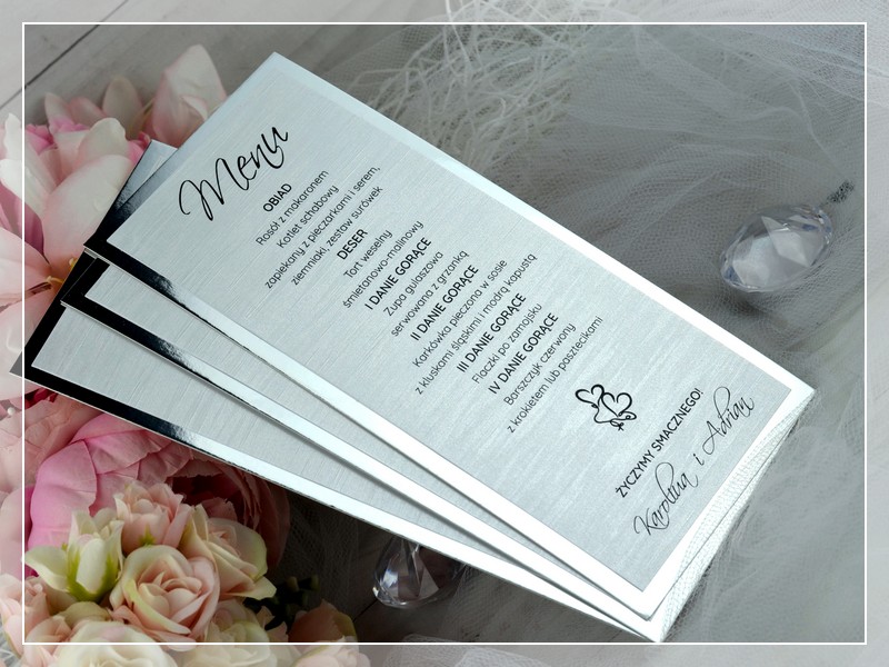 Menu weselne JOWITA - eleganckie metalizowane menu z motywem serc - DRUKARNIA ZAPROSZEŃ