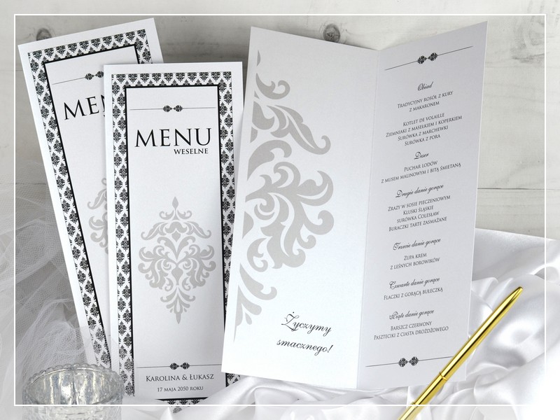 Menu weselne KARO - eleganckie czarno-białe perłowe menu na wesele - DRUKARNIA ZAPROSZEŃ