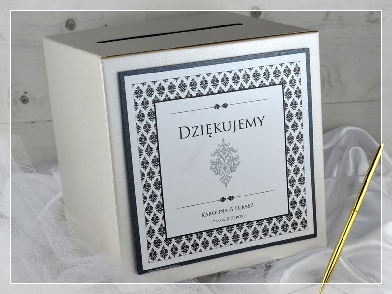 Pudełko na koperty KARO - eleganckie czarno-białe perłowe pudełko na życzenia/pieniądze - DRUKARNIA ZAPROSZEŃ