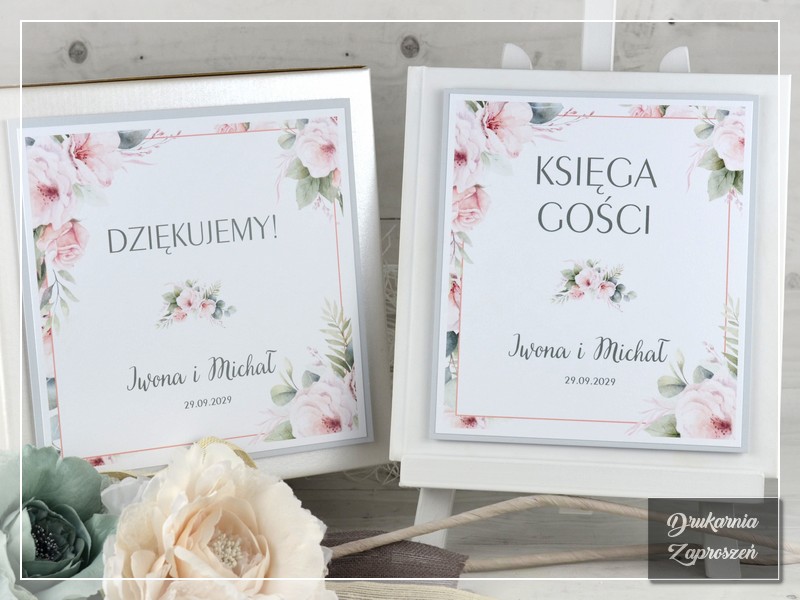 Pudełko na koperty HISTORIA MIŁOŚCI i Księga Gości HISTORIA MIŁOŚCI - romantyczne kwiatowe dodatki na wesele - DRUKARNIA ZAPROSZEŃ