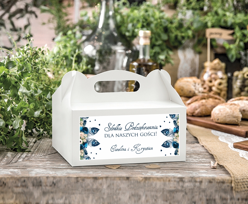 Personalizowane pudełka na ciasto Feather Blue Drukarnia Zaproszeń